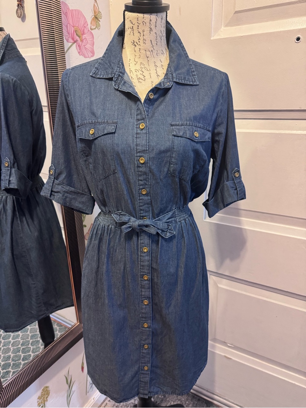 Denim Shirt Mini Dress with Tie Waist - Blue
